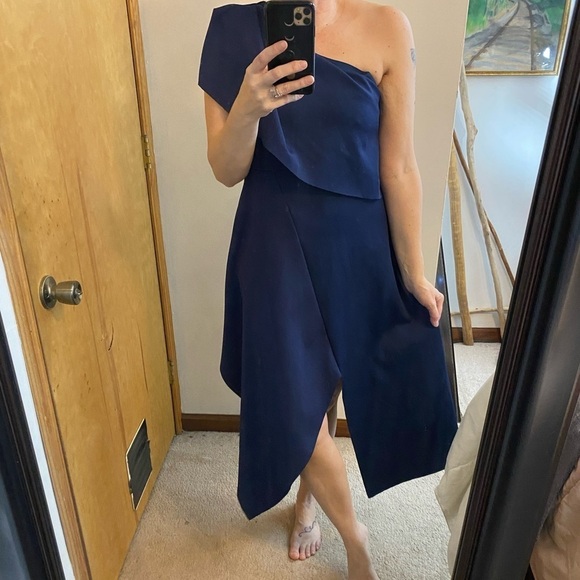 Topshop Ruffle One Shoulder Asymmetrical Hem Blue Scuba Dress - Picture 4 of 16